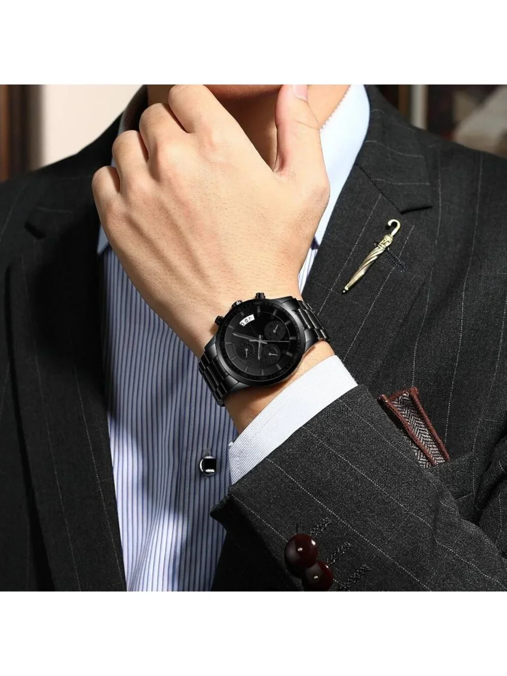 Men's All Black Analog Quartz Stainless Steel Waterproof Chronograph Wrist Watch